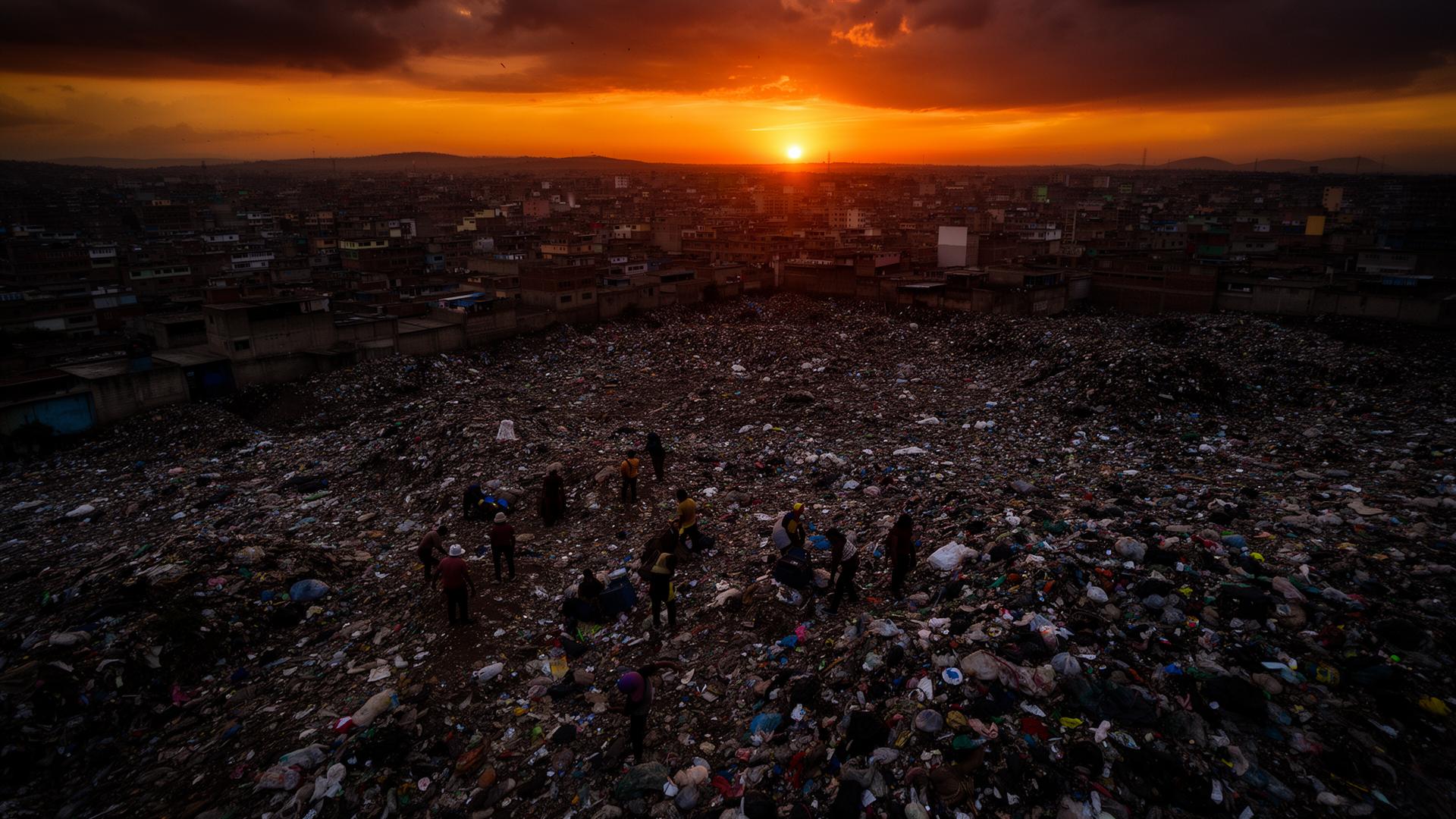 Vista aérea de un botadero al atardecer con personas recuperando materiales reciclables