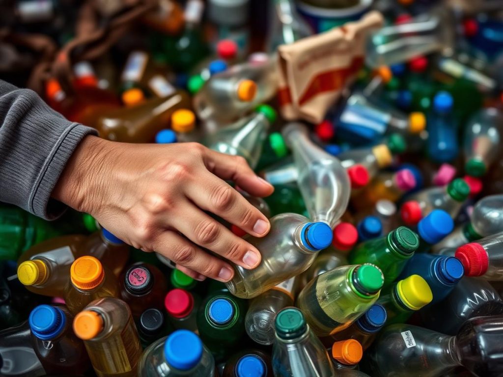Manos separando envases plásticos de colores para reciclaje