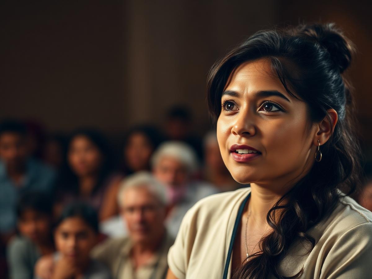 Mujer recicladora hablando ante un auditorio durante un encuentro del movimiento
