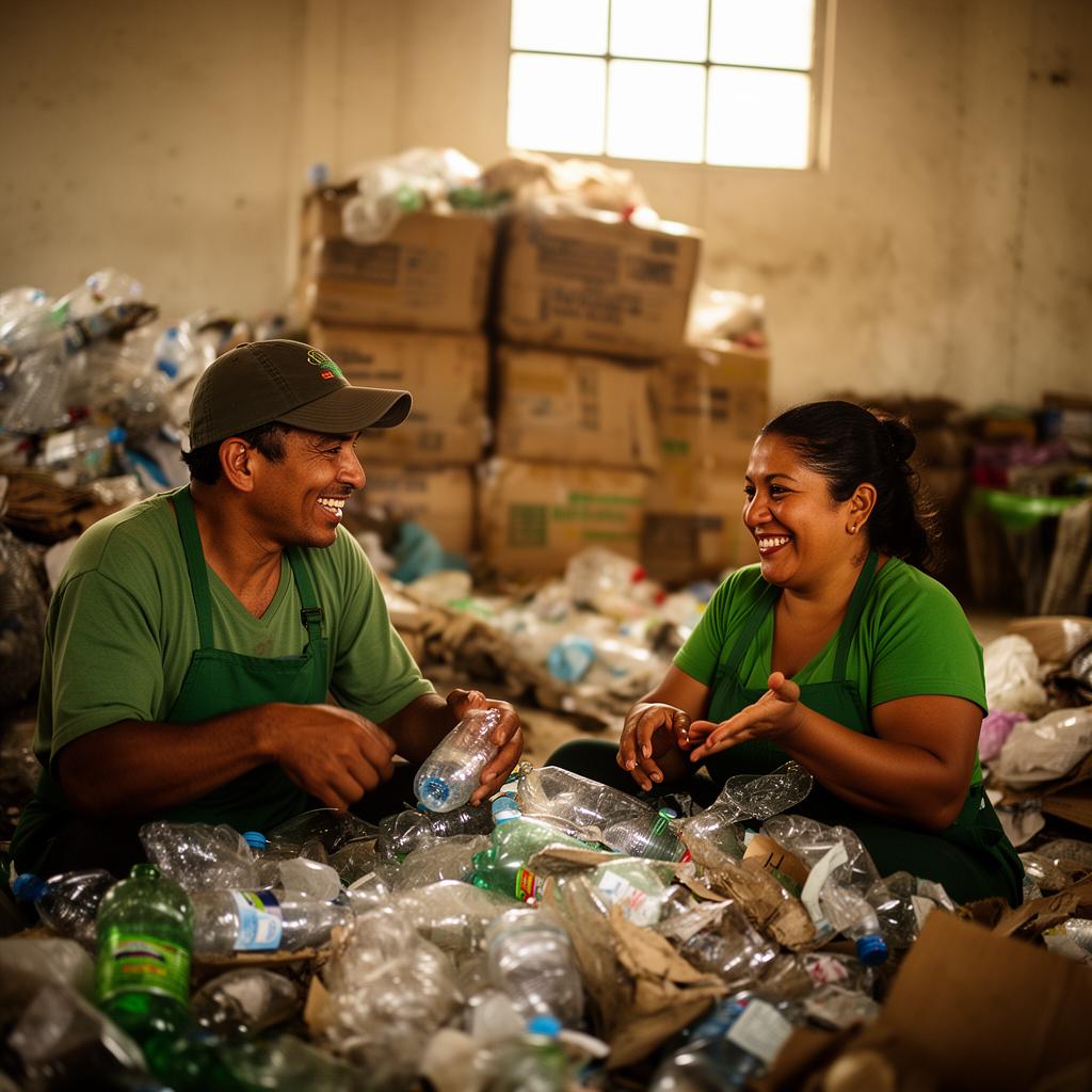 Dos recicladores de base clasificando botellas plásticas en una bodega de acopio